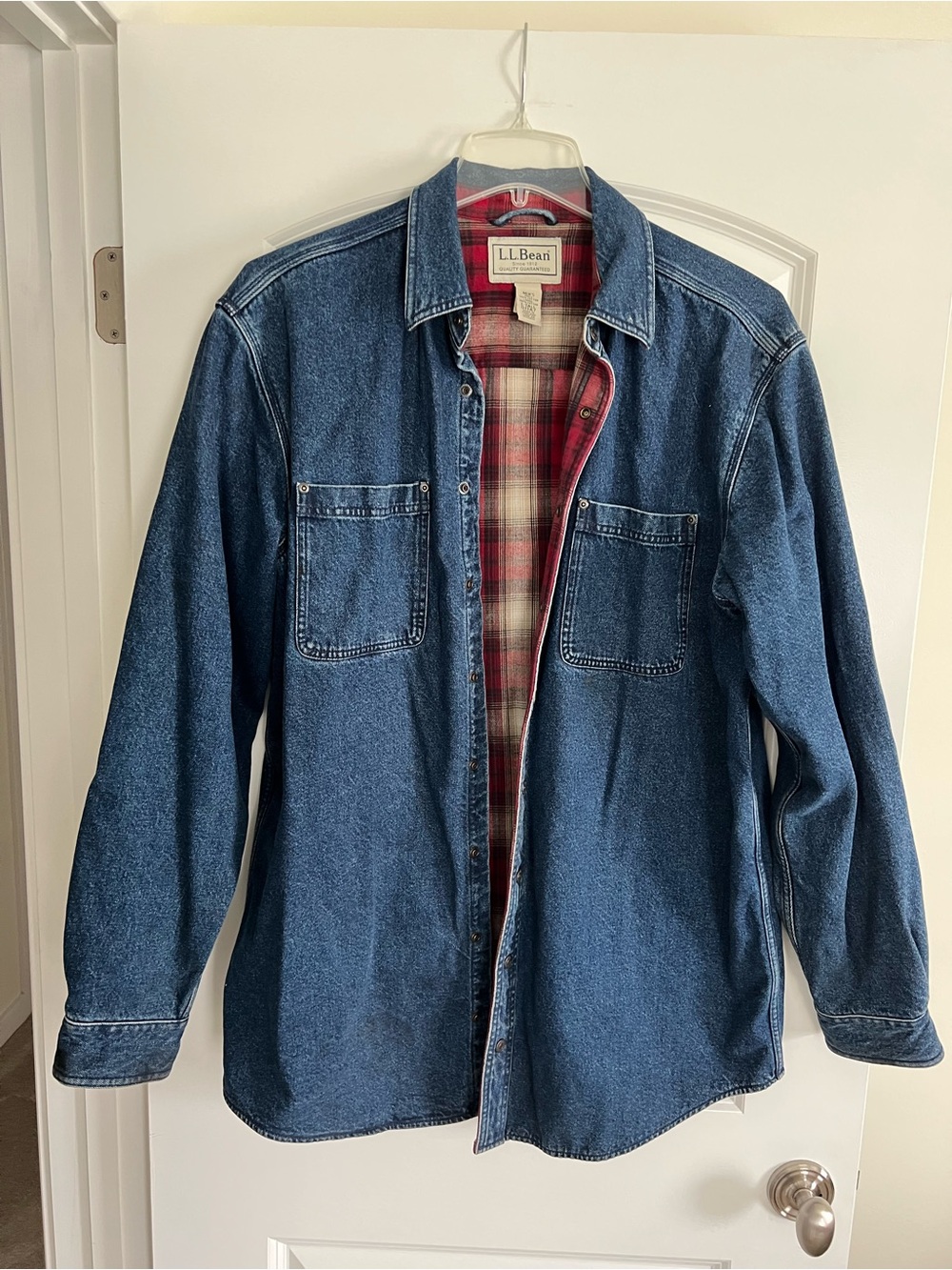 L.L. Bean Men’s Blue Denim Shirt Jacket with Red Plaid Lining - Large Tall